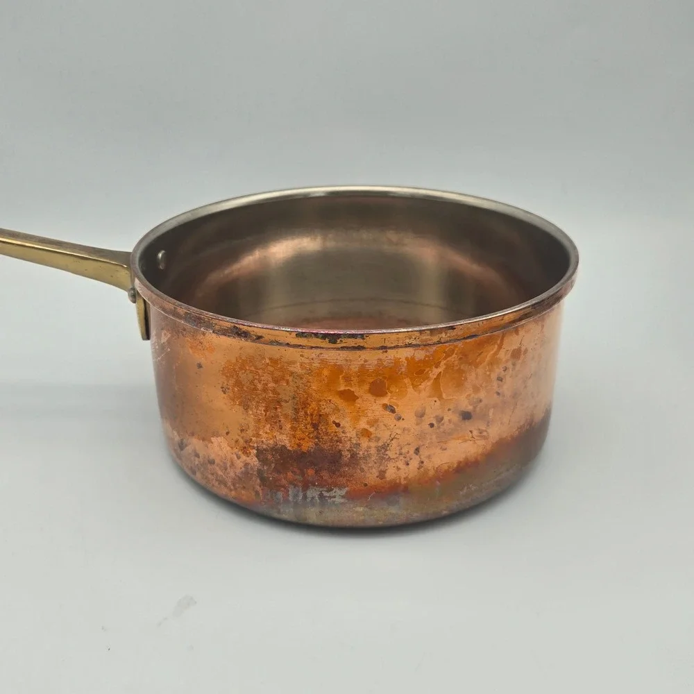 Vintage Solid Copper Saucepan Pot Brass Handle ODI Portugal No Lid Has Patina
